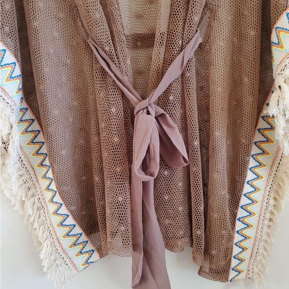 RYU Brown Embroidered Fringe Accent Bohemian Kimono Cardigan M/L - Picture 4 of 6